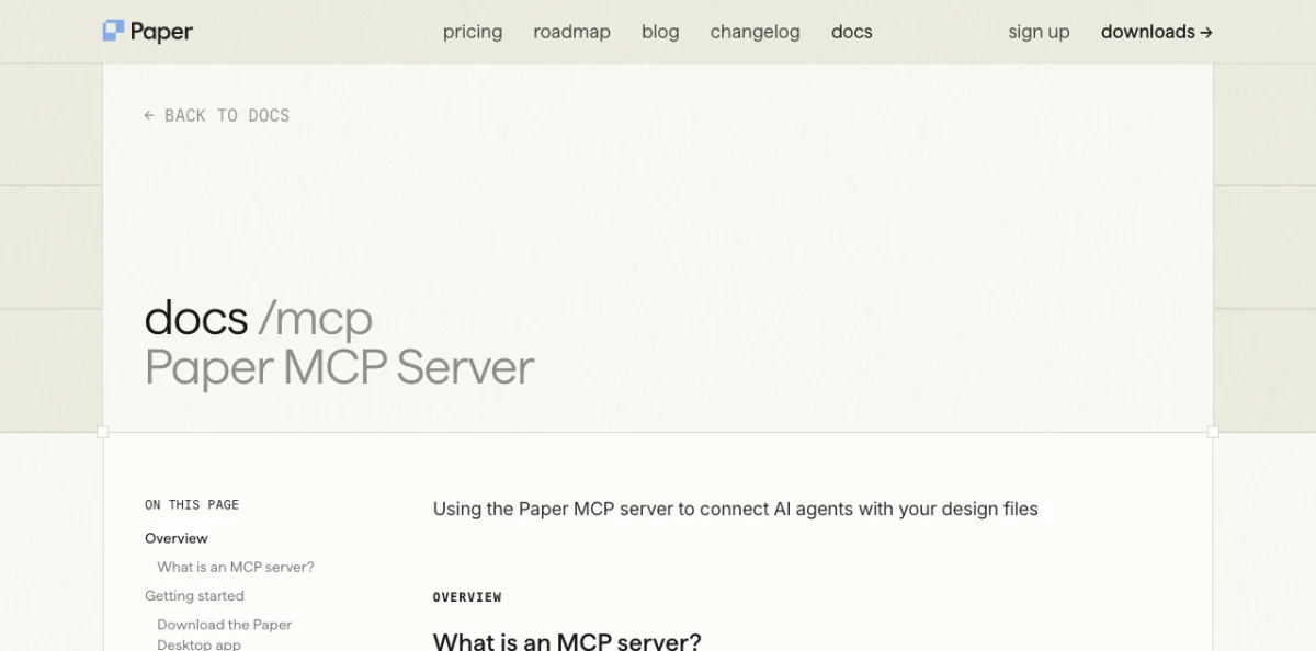 Reference grid listing all MCP tools per server: Paper with 22 tools including get_jsx, write_html, and export; Figma with design reading tools; Miro with whiteboard tools; and MagicPattern with generative pattern tools, each with parameter summaries