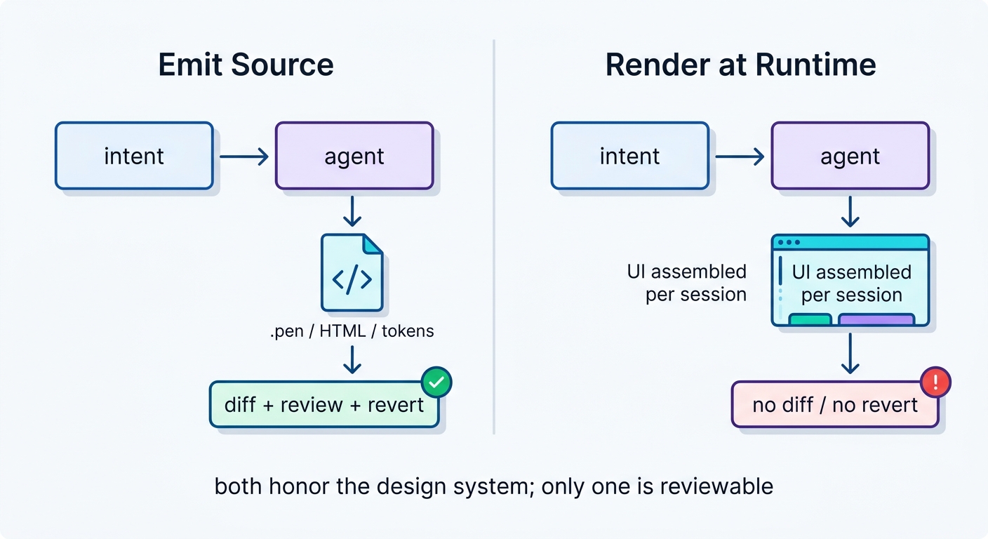 Two delivery models — emit-source (reviewable) versus render-at-runtime (ephemeral) — and what each costs the critique loop.