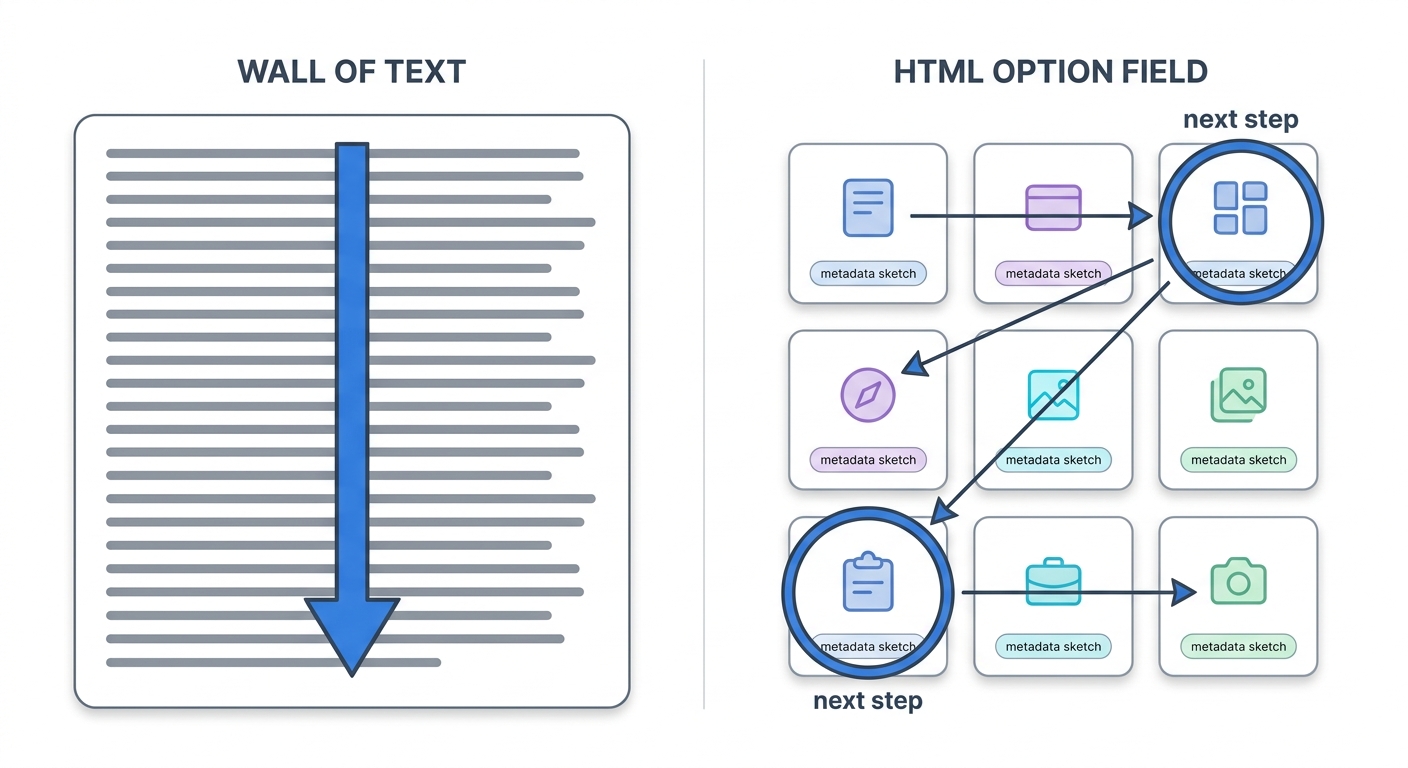 A text response versus an HTML option-field for the same ideation prompt.