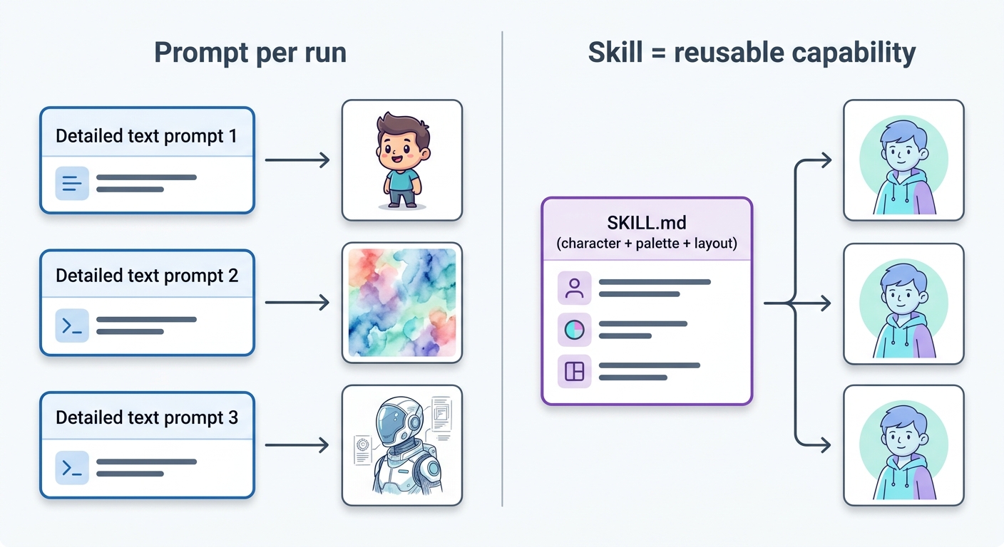 A skill freezes one visual fingerprint that every run reuses, versus re-prompting per output.