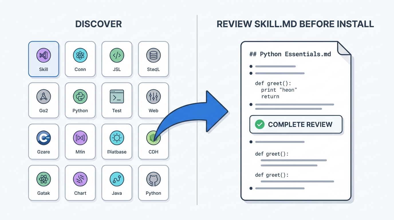 A skill marketplace as a discovery layer feeding into the install-and-review step.